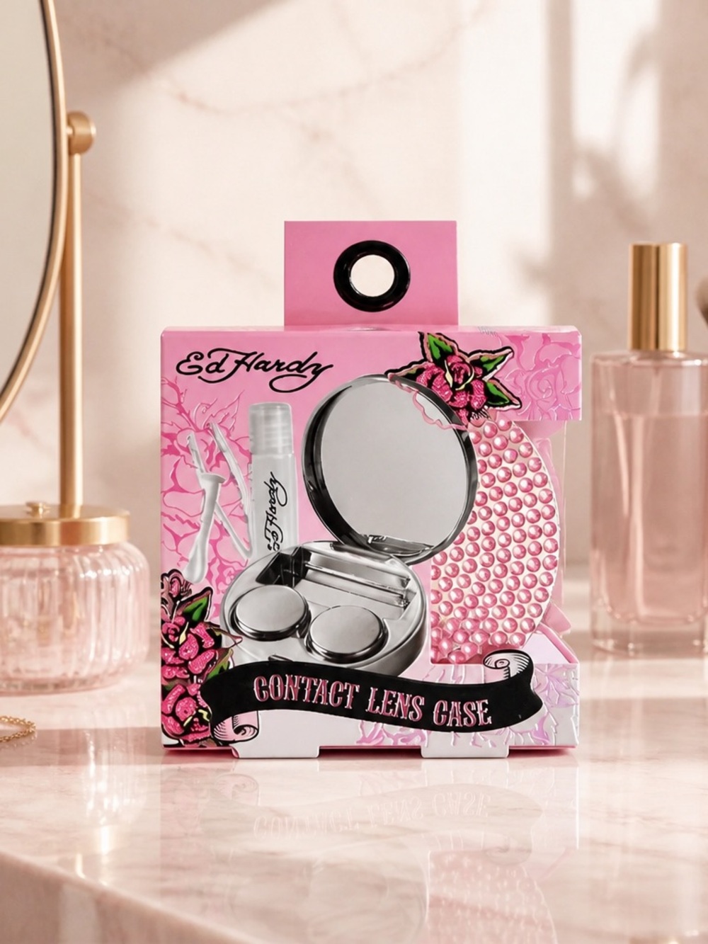 Ed Hardy Pink Contact Lens Case Set with Mirror & Accessories